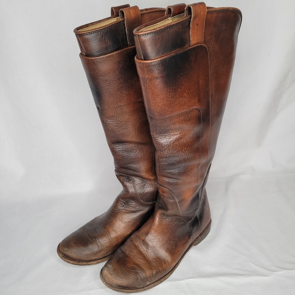Frye Amelia Logo Tall Leather Riding Boots Size 7.5 B Cognac Brown Academia Prep